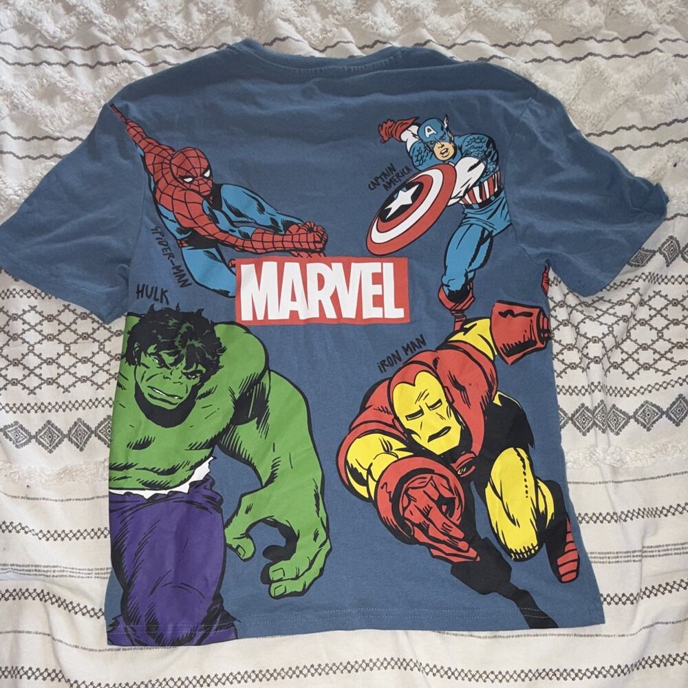 Marvel Boys L Blue Graphic Logo T-Shirt Crew Neck Captain America Hulk Iron Man